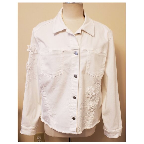 CHICO'S Floral Embroidered Denim Pantsuit 2ps Set Sz-Jacket-XL /Pants-18 White - Picture 1 of 11